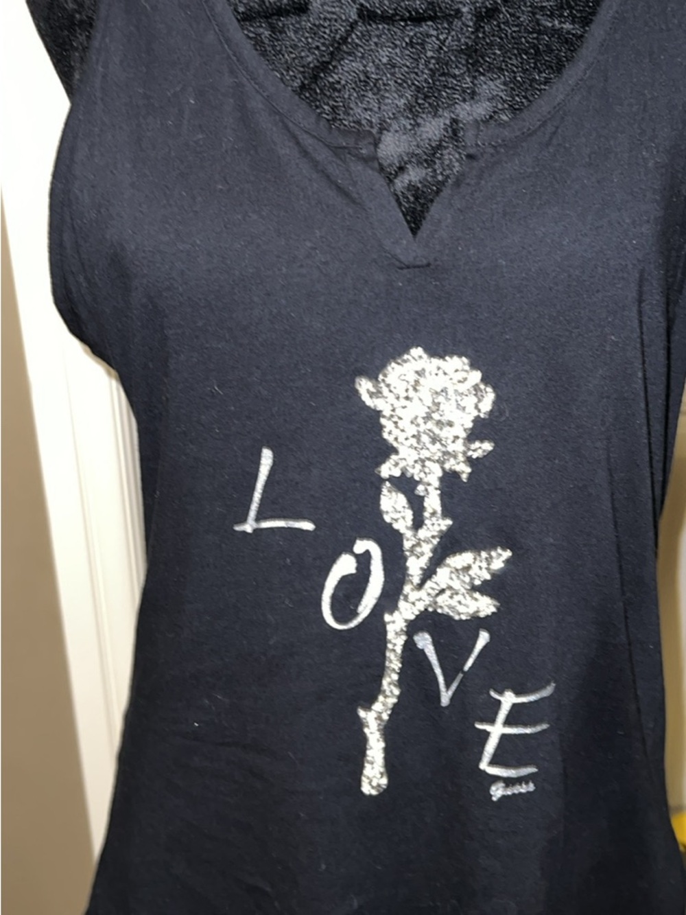 Y2K Guess Black V-Neck Tank Top with Silver Rose 'LOVE' Graphic